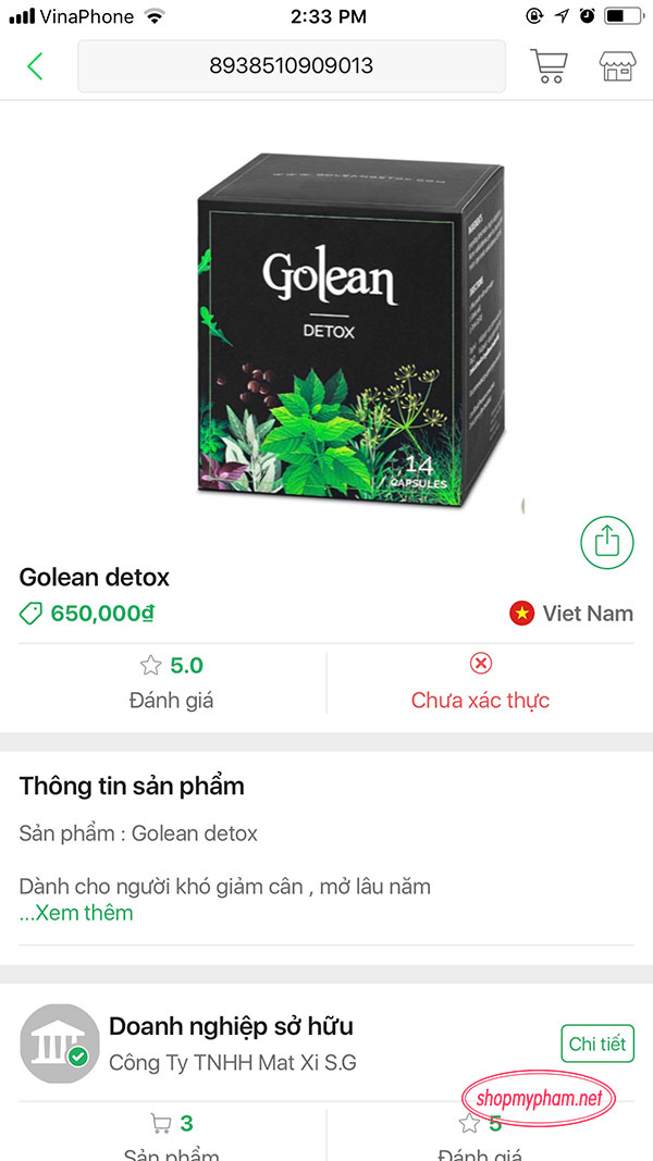 Kiểm tra mã vạch trà giảm cân Golean trên Icheck
